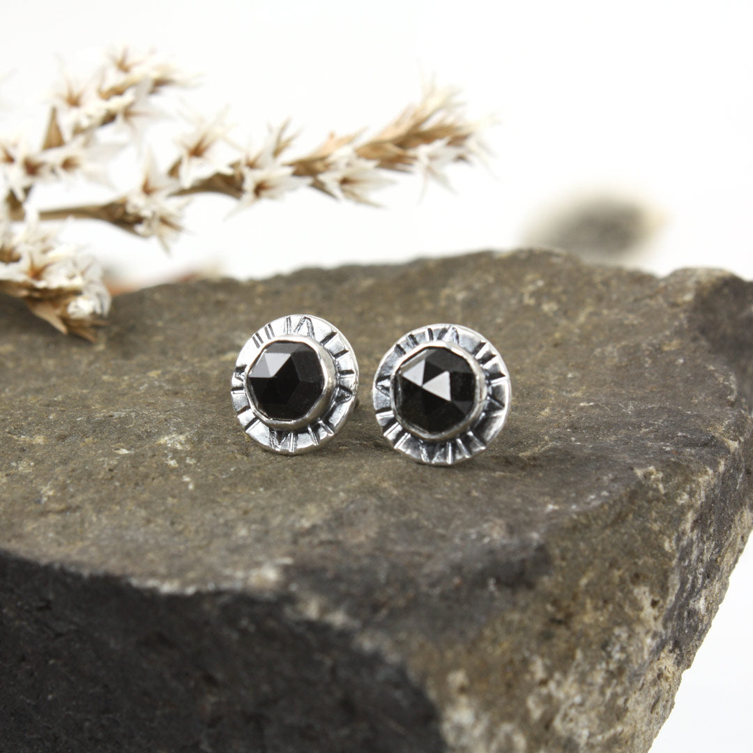 Sterling silver earrings with faceted rose-cut black spinel.