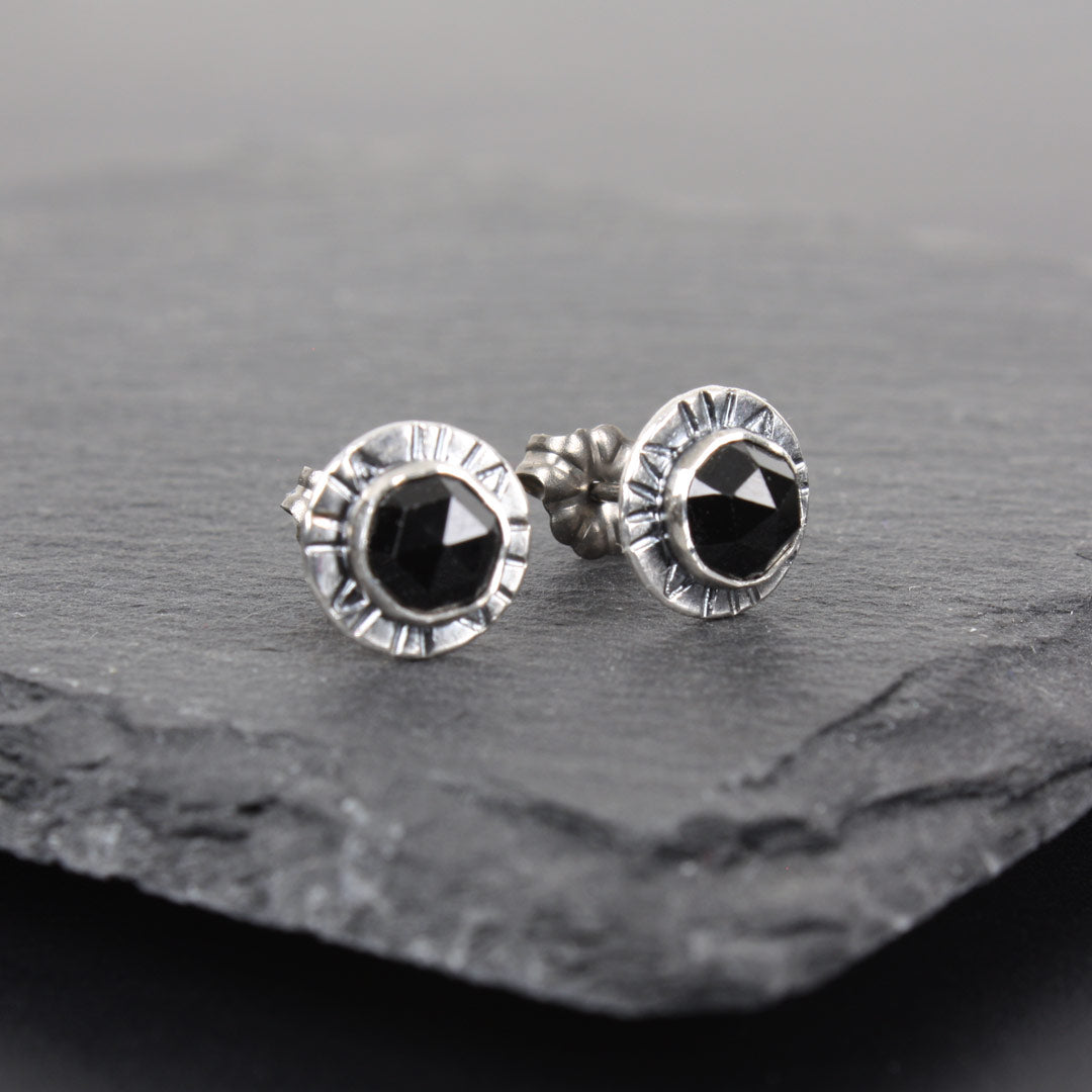 Sterling silver earrings with faceted rose-cut black spinel.