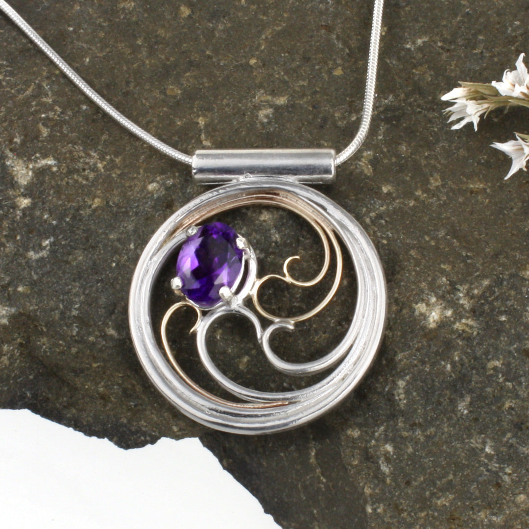 Waves Necklace - Silver & Gold with Amethyst