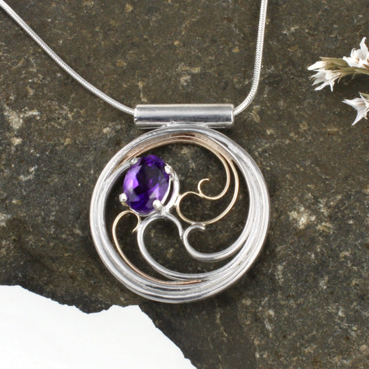 Waves Necklace - Silver & Gold with Amethyst
