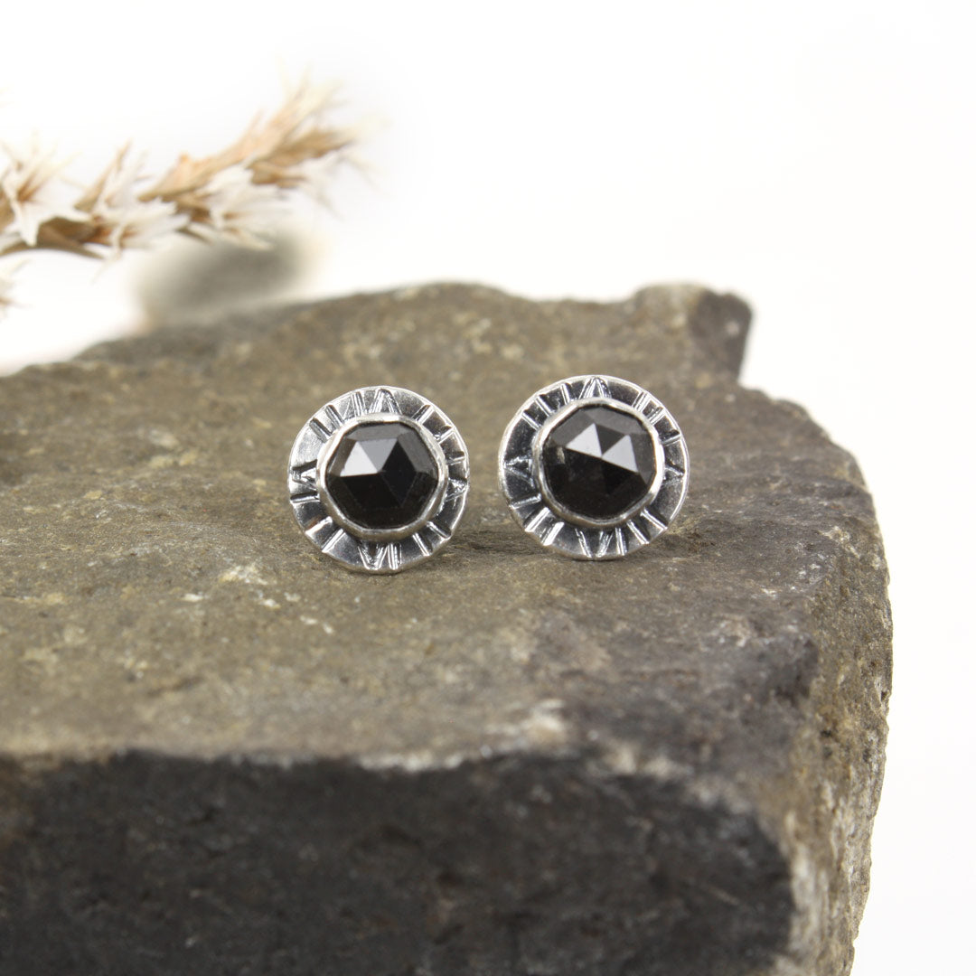 Sterling silver earrings with faceted rose-cut black spinel.