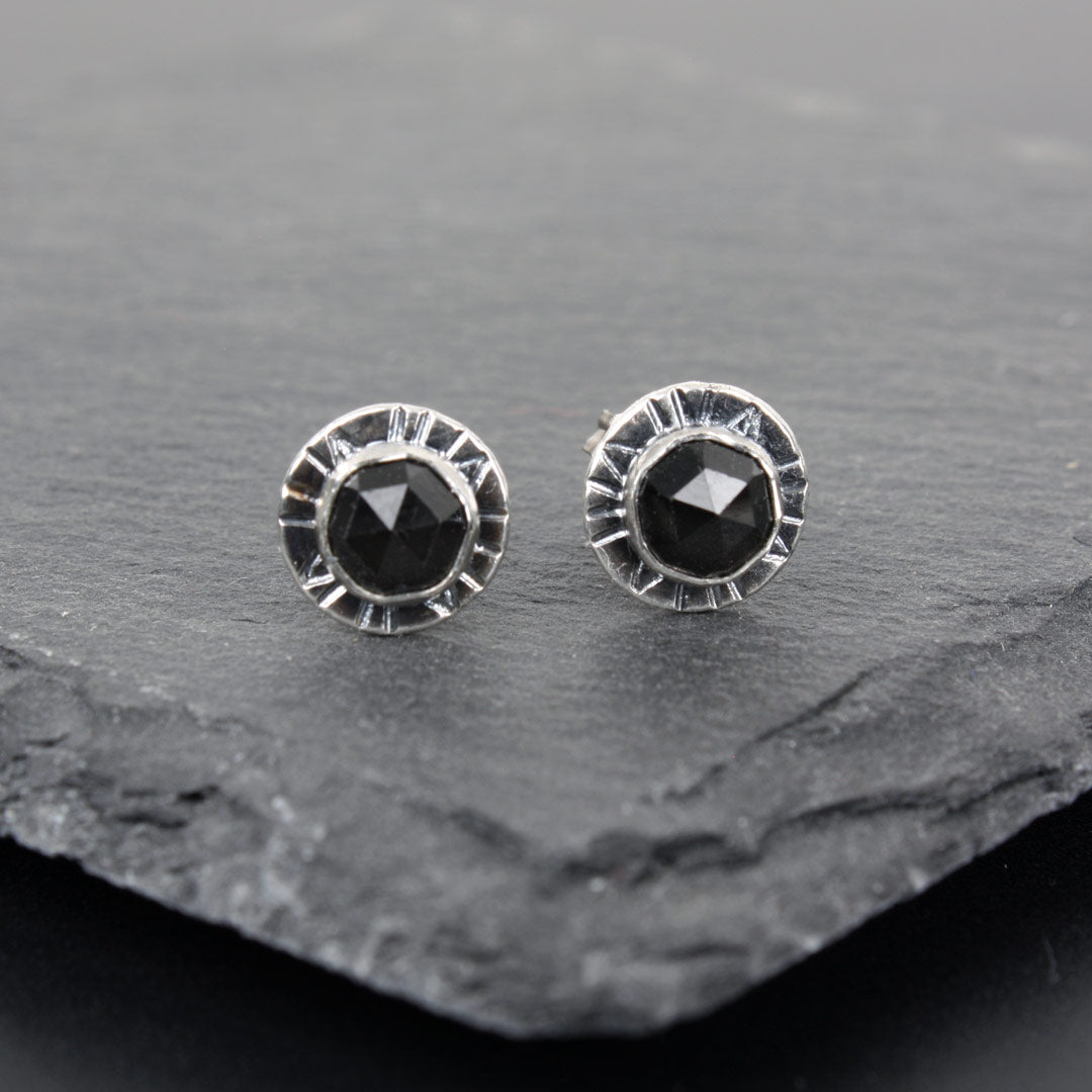 Sterling silver earrings with faceted rose-cut black spinel.