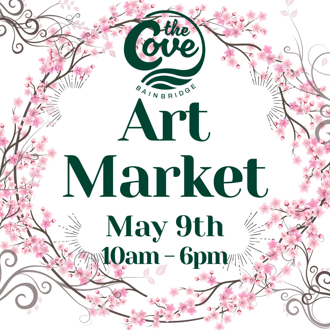 Advertisement for the Cove Art Market with floral design and event details.