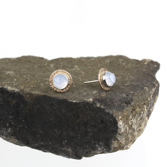 Compass Stud Earrings with Rose-cut Blue Chalcedony