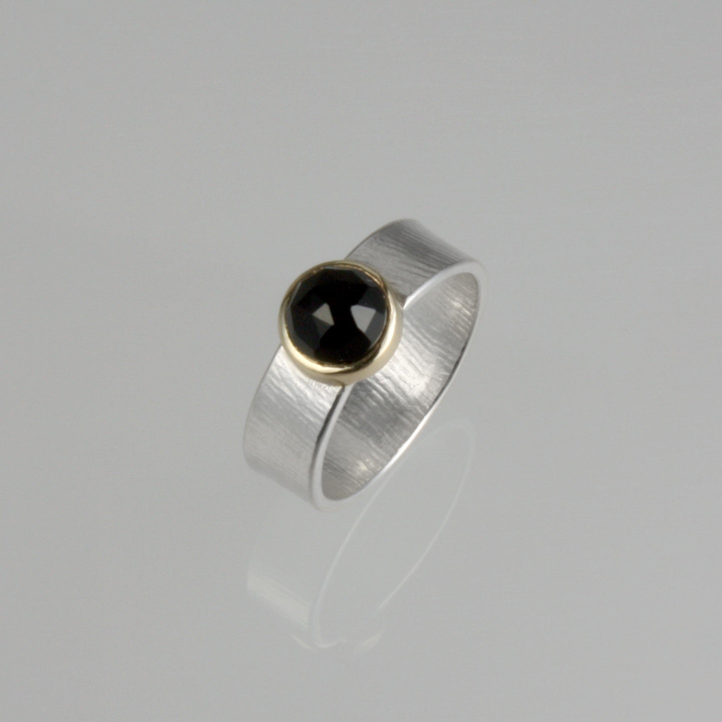 Onyx Ring, 14k Setting, Sterling, Textured Wide Band, Faceted Gemstone